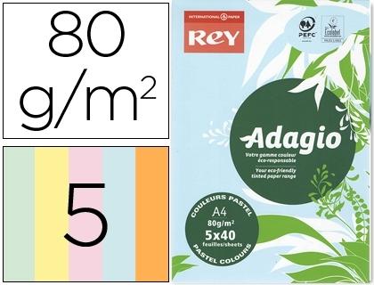 PAQUETE PAPEL DIN A4 5 COLORES SURTIDOS PALIDOS ADAGIO 80 GRAMOS 200 HOJAS