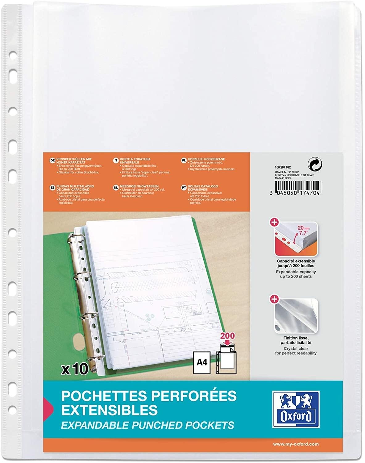 BLISTER 10 FUNDAS MT OXFORD GRAN CAPACIDAD CON FUELLE A4 PP EXTRA CRISTAL 200 MICRAS