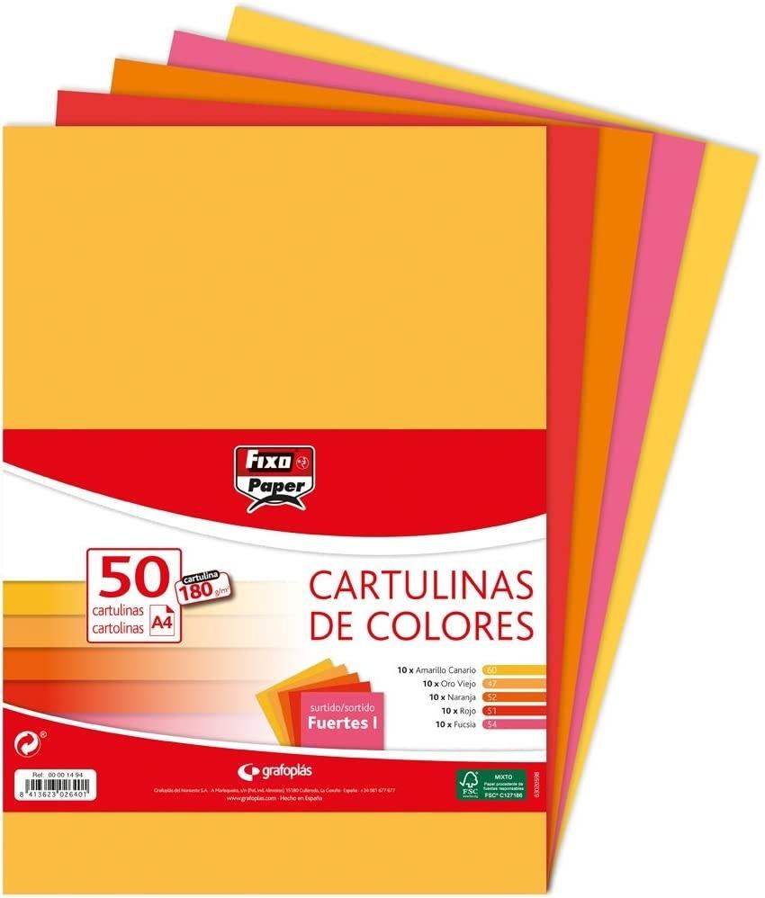PAQUETE 50 CARTULINAS 5 COLORES FUERTES I SURTIDOS 180G/M2 FIXOPAPER GRAFOPLAS