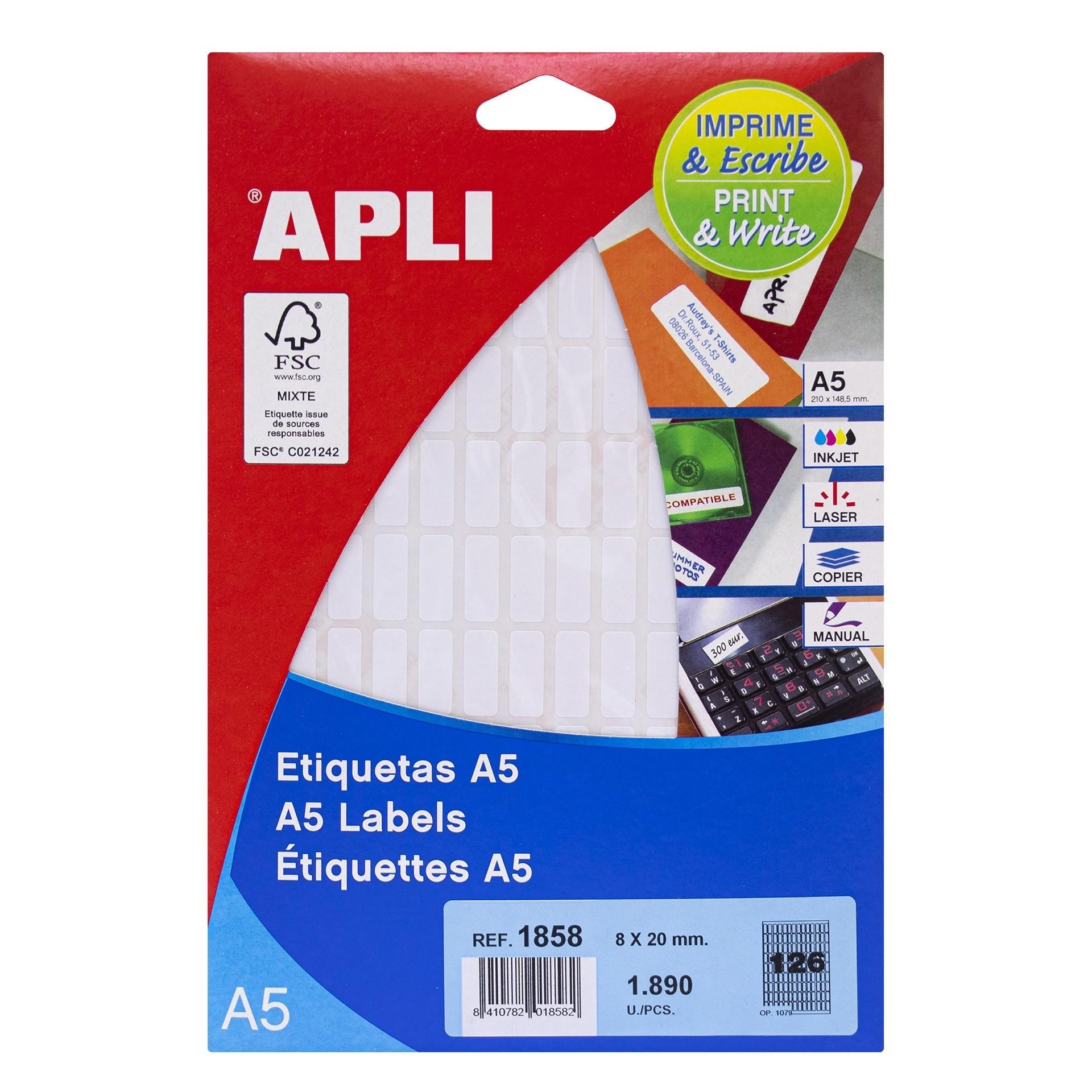 PAQUETE 15 HOJAS A5 ETIQUETAS BLANCAS 8,0 X 20,0 MM APLI 1858
