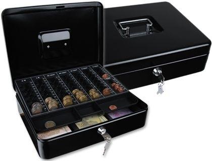 CAJA CAUDALES Q-CONNECT 12 300X240X90 MM NEGRA CON PORTAMONEDAS COD. 37608