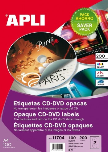 CAJA 100 ETQUETAS CD-DVD DORSO OPACO   117MM APLI RF. 11704