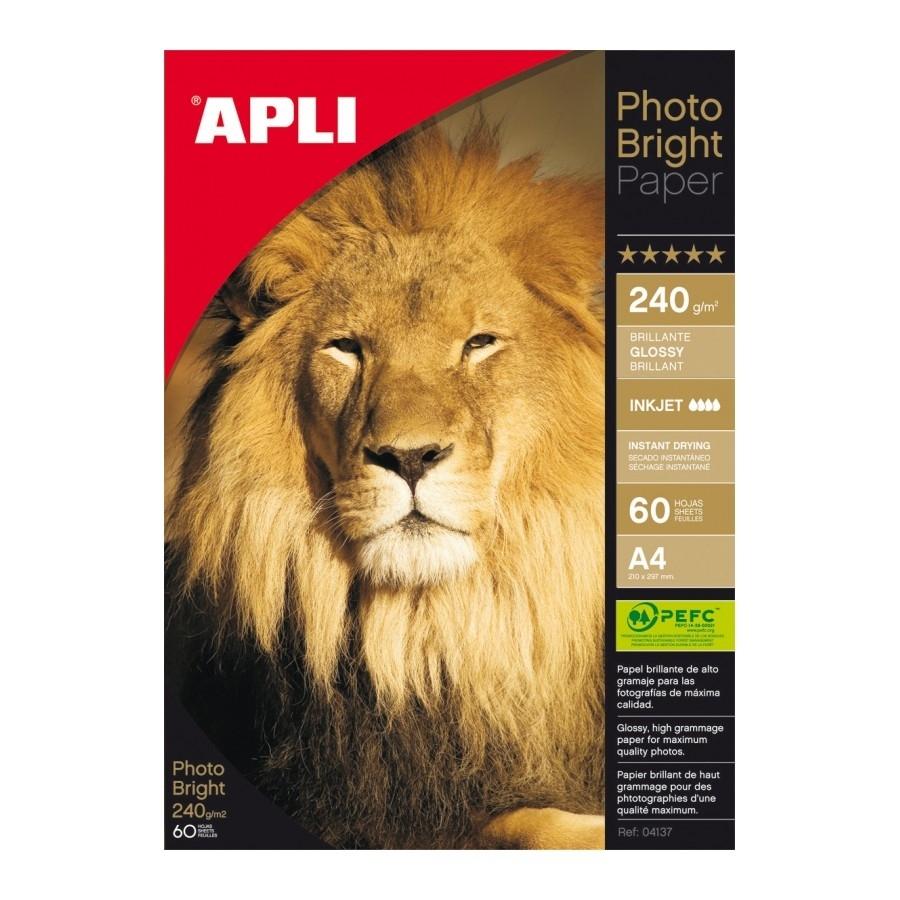 PAQUETE 60 HOJAS PAPEL FOTOGRAFICO A4 PHOTOBRIGHT 240 GRS APLI RF 04137