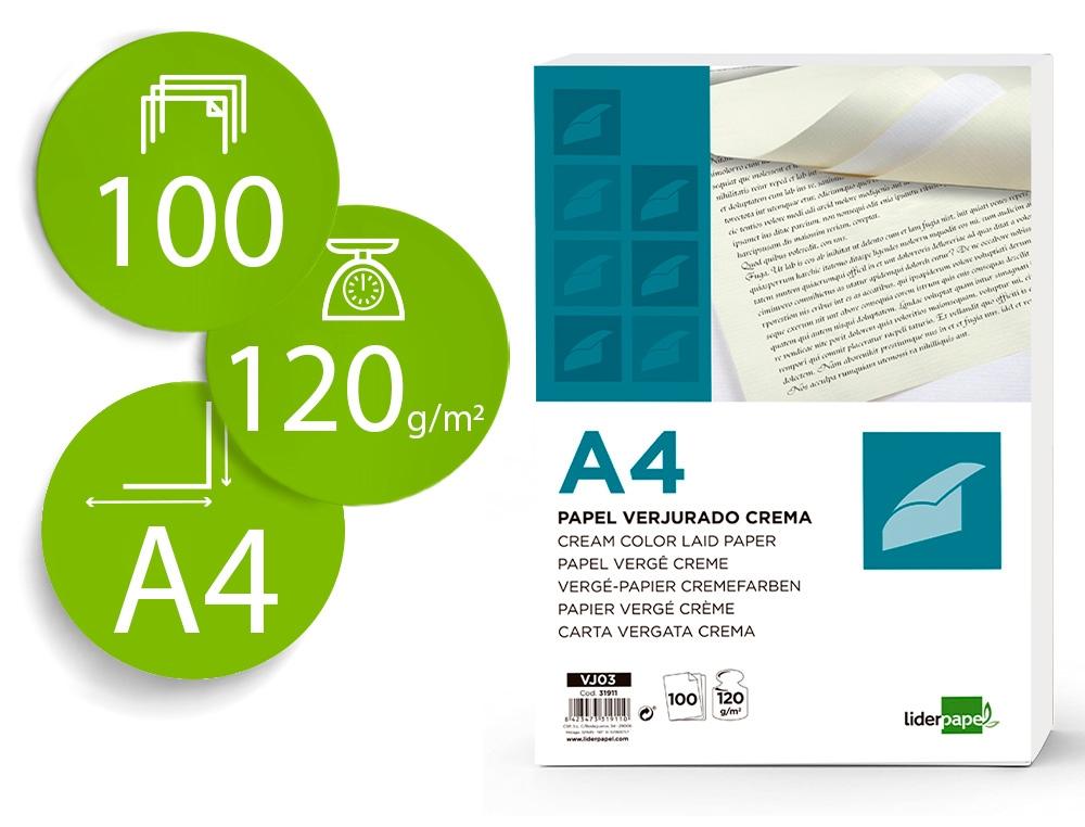 PAPEL VERJURADO LIDERPAPEL A4 120G/M2 CREMA PAQUETE DE 100 COD. 31911