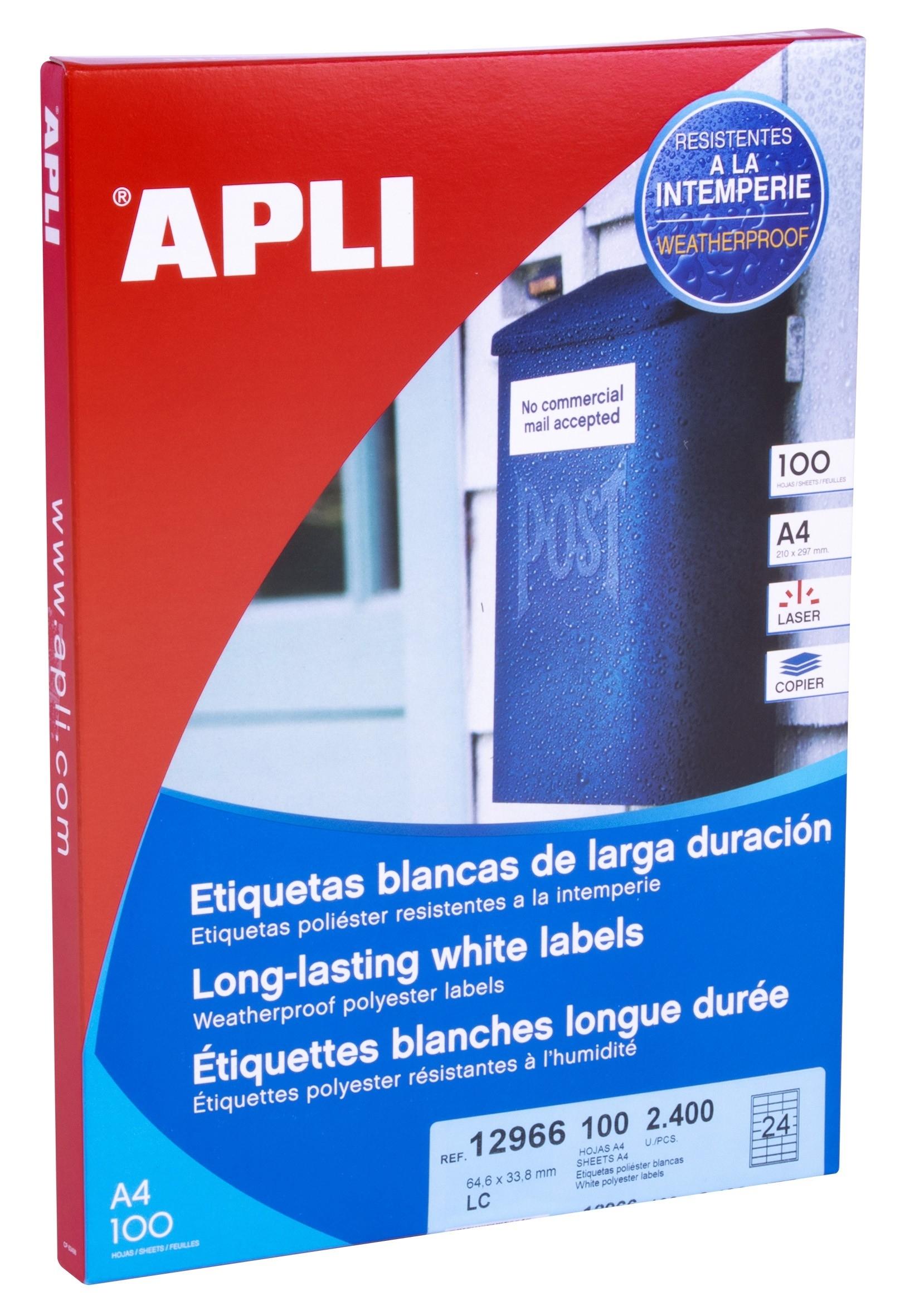 CAJA 100 HOJAS ETIQUETAS BLANCAS RESISTENTES INTEMPERIE 64,6 X 33,8 MM APLI RF 12966