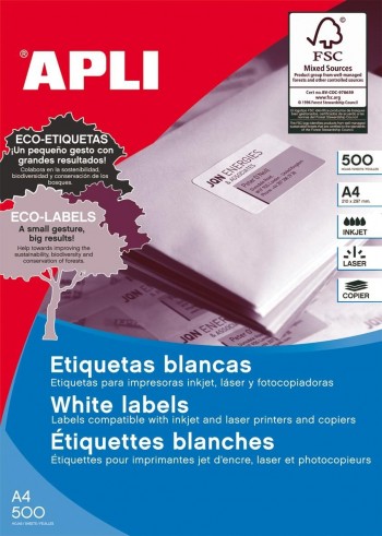 CAJA 500 HOJAS ETIQUETAS BLANCAS ILC PERMANENTES 52,5 X 21,2 APLI 1777