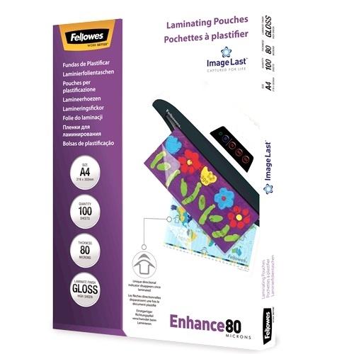 PACK 100 FUNDAS PLASTIFICAR FELLOWES A4 80 MICRAS BRILLO