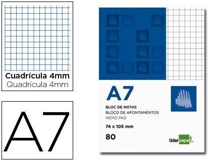 BLOC NOTAS LIDERPAPEL CUADRO 4MM A7 80 HOJAS 60G/M2 PERFORADO COD 2608