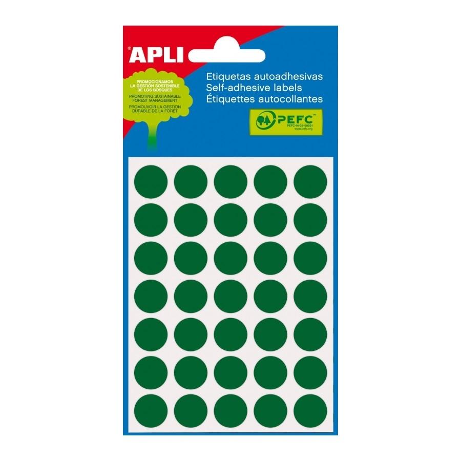 SOBRE 5 HOJAS ETIQUETAS ADHESIVAS VERDES REDONDAS 13 MM APLI RF 2058