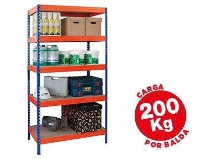 ESTANTERIA METALICA AR STORAGE 180X90X45 CM 5 ESTANTES 200KG POR ESTANTE BANDEJAS DE MADERASIN TORNILLOS AZUL NARANJA COD 58565