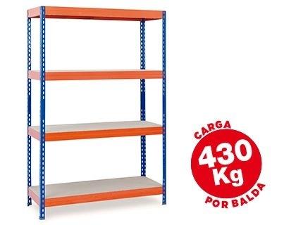 ESTANTERIA METALICA AR STORAGE 200X100X60CM 4 ESTANTES 430KG POR ESTANTE BANDEJAS DE MADERASIN TORNILLOS AZUL NARANJA COD. 58567