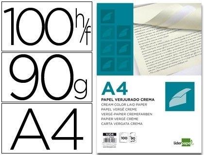 PAPEL VERJURADO LIDERPAPEL A4 90G/M2 CREMA PAQUETE DE 100 COD. 31909