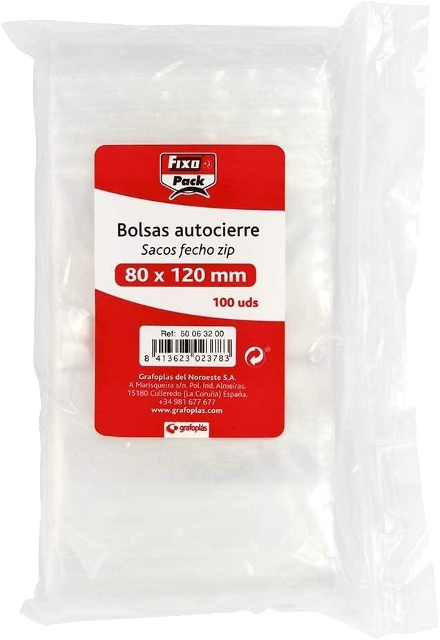 PACK 100 BOLSAS PLASTICO AUTOCIERRE ZIP 80X120 MM FIXOPACK GRAFOPLAS