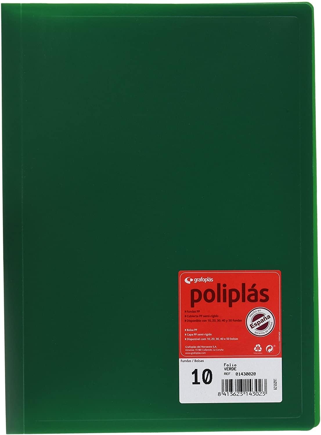 CARPETA 10 FUNDAS FOLIO GRAFOPLAS POLIPLAS OPACO COLOR VERDE