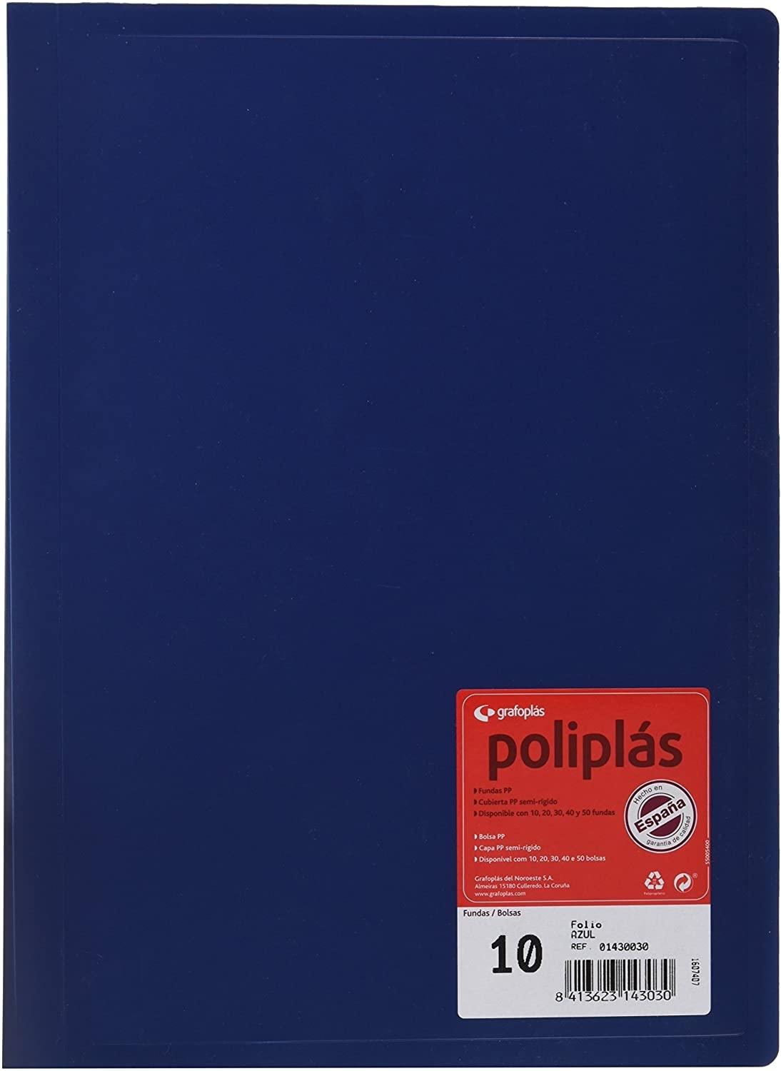 CARPETA 10 FUNDAS FOLIO GRAFOPLAS POLIPLAS OPACO COLOR AZUL