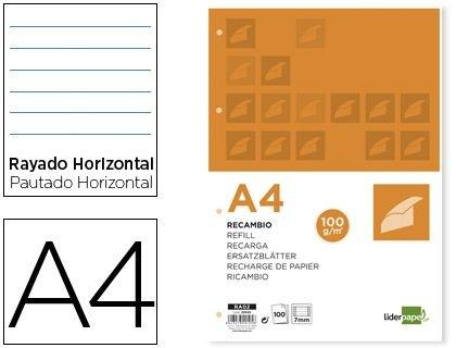 RECAMBIO LIDERPAPEL A4 100 HOJAS 100G/M2 HORIZONTAL CON DOBLE MARGEN 4 TALADROS COD 29105