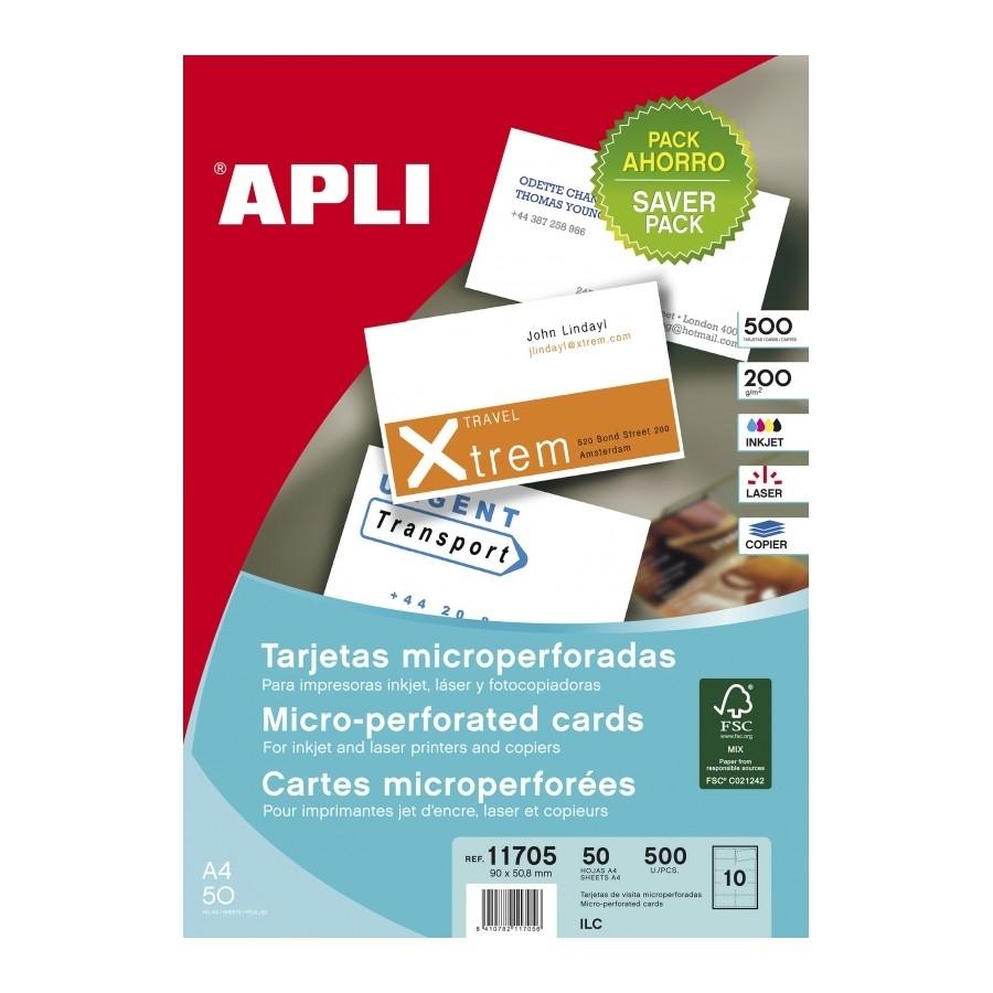 PAQUETE 500 TARJETAS DE VISITA 90 X 50,8  MICROPERFORADAS CARTULINA BLANCA 200 GRS APLI RF 11705