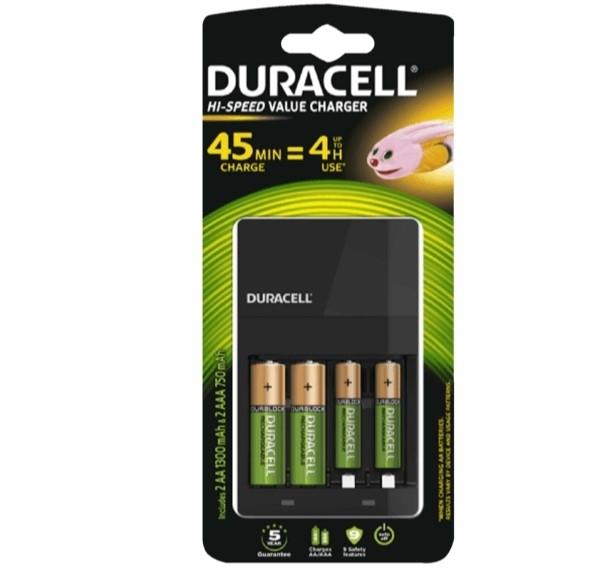 CARGADOR DURACELL PARA PILAS RECARGABLES CEF 14 / CEF 27 INCLUYE 2 PILAS AA + 2 PILAS AAA