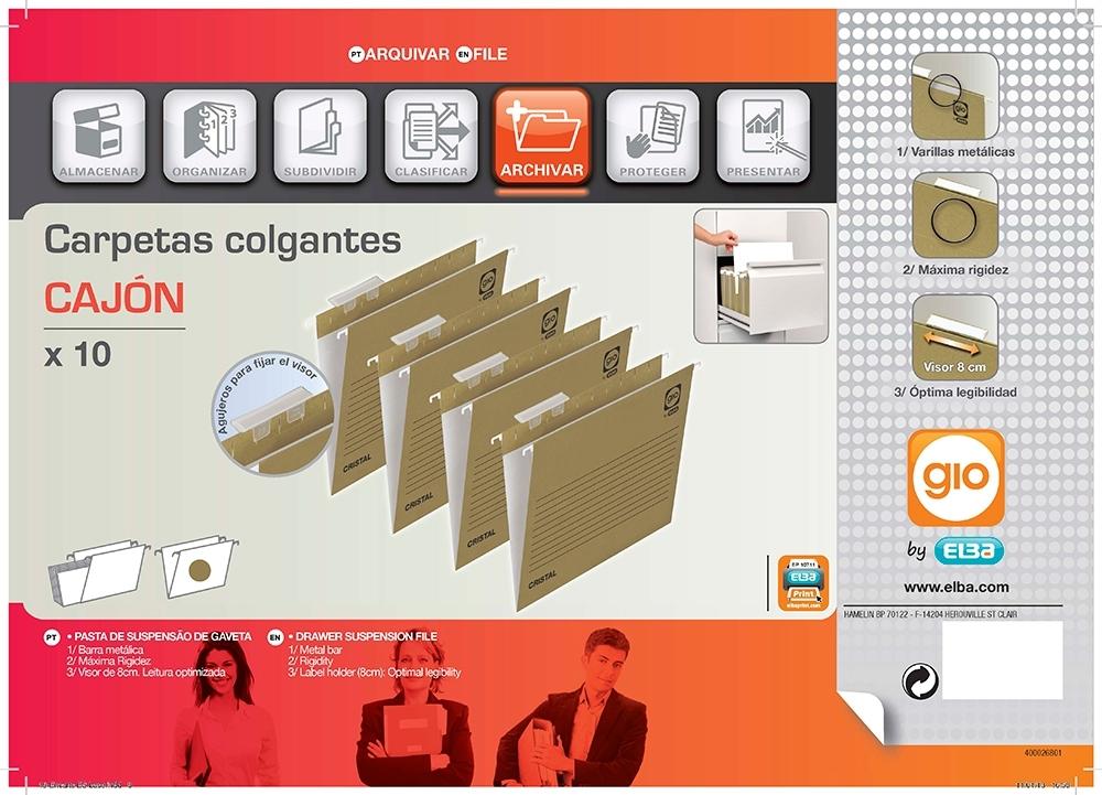 PAQUETE 10 CARPETAS COLGANTES FOLIO VISOR SUPERIOR GIO