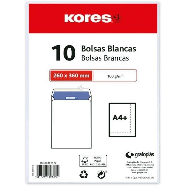 PAQUETE 10 BOLSAS BLANCAS 184X261 47/A. CUARTO PROLONGADO KORES