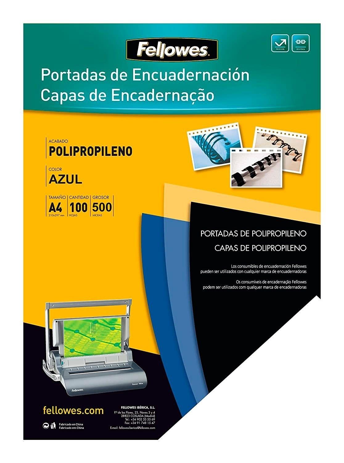 PAQUETE 100 TAPAS ENCUADERNAR PLASTICO DURO 0.5 AZUL A-4 FELLOWES