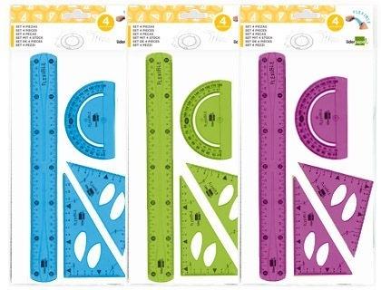 JUEGO ESCUADRA 10 CM CARTABON 14 CM REGLA 30 CM Y SEMICIRC. PLASTICO FLEXIBLE EN PETACA LIDERPAPEL COLORES SURTIDOS COD 77551