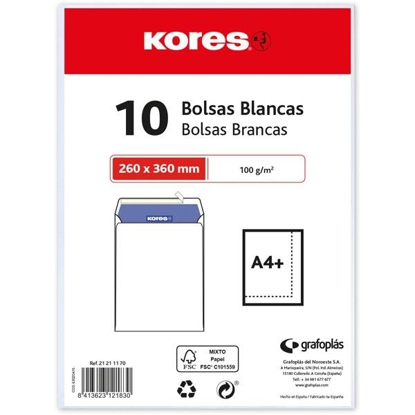 PAQUETE 10 BOLSAS BLANCAS 260X360 FOLIO PROLONGADO KORES