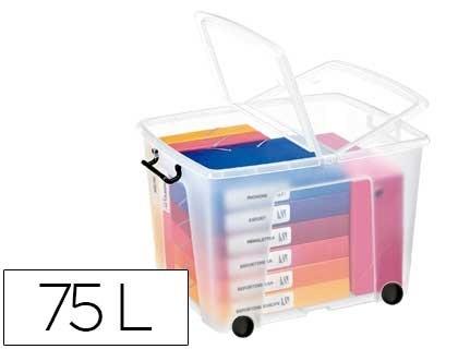 CONTENEDOR PLASTICO CEP 75 LITROS 485X600X415 MM TRANSPARENTE CON TAPA CIERRE HERMETICO Y 4 RUEDAS COD 57164