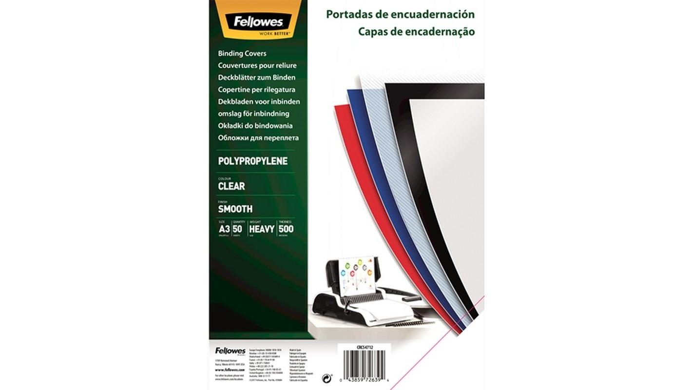 PAQUETE 50 TAPAS ENCUADERNAR PLASTICO DURO 0.5 TRANSLUCIDAS A-3 FELLOWES 5471201