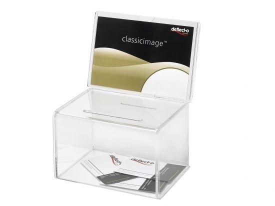 CAJA PARA SUGERENCIAS O PROPINAS DEFLECTO 15,5 X 11 X 10 CM CON SOPORTE PARA CARTEL