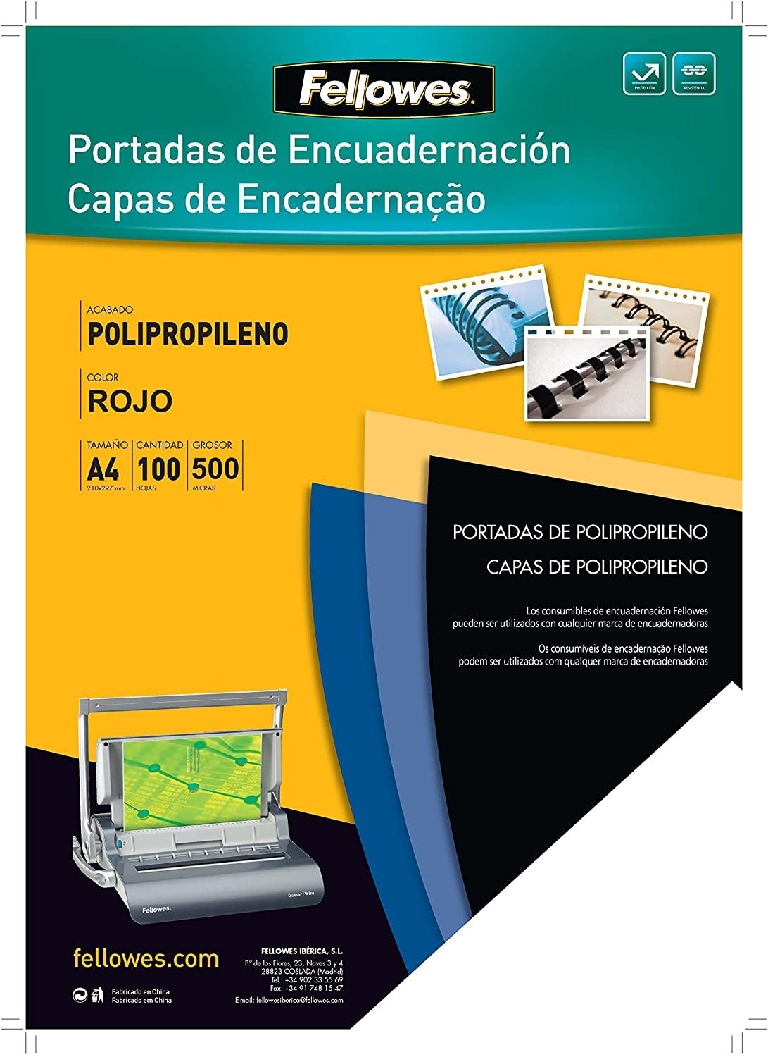 PAQUETE 100 TAPAS ENCUADERNAR PLASTICO DURO 0.5 ROJO A-4 FELLOWES