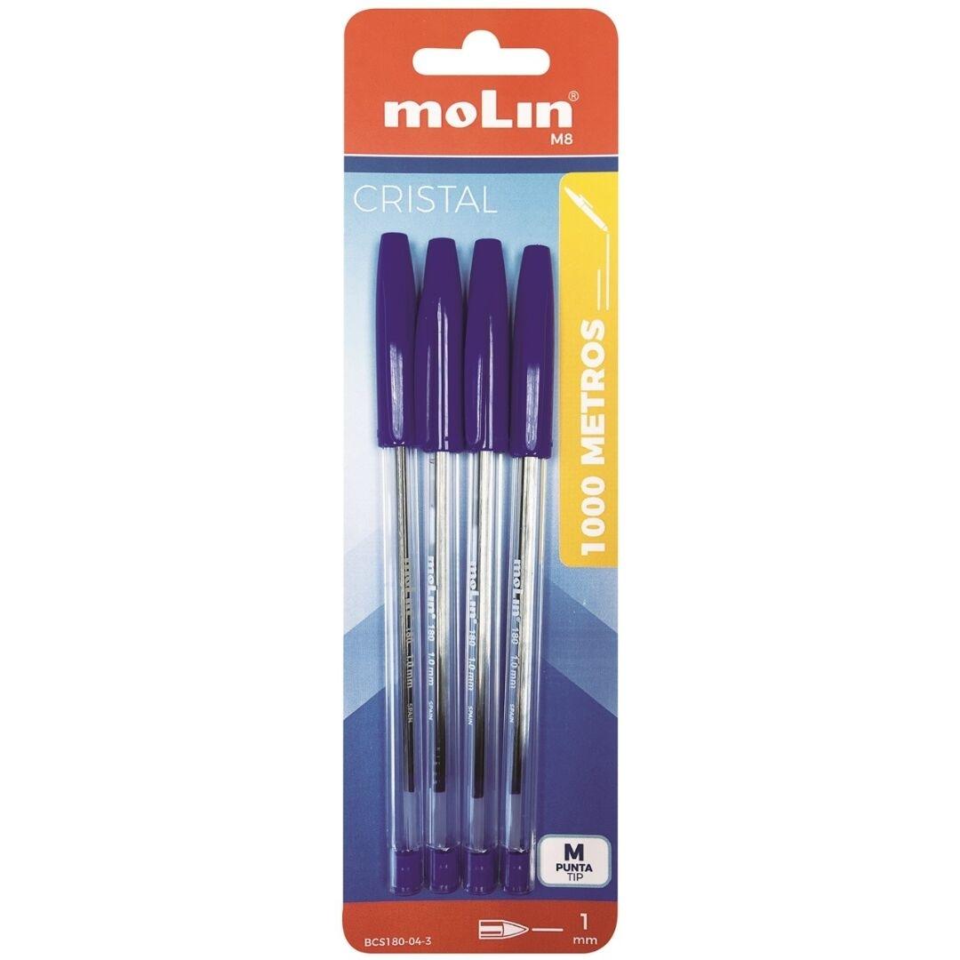 BLISTER 4 UNIDADES COLOR AZUL BOLIGRAFO TRANSPARENTE MOLIN BCS180 PUNTA MEDIA