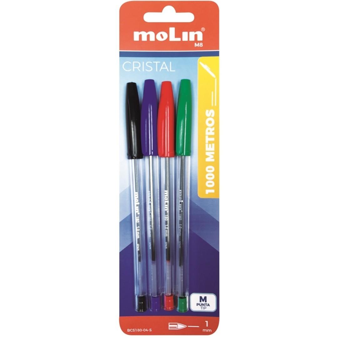 BLISTER 4 UNIDADES COLORES SURTIDOS BOLIGRAFO TRANSPARENTE MOLIN BCS180 PUNTA MEDIA