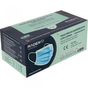CAJA 50 MASCARILLAS DE PROTECCION HIGIENICA 3 CAPAS TIPO IIR AZUL RADEX