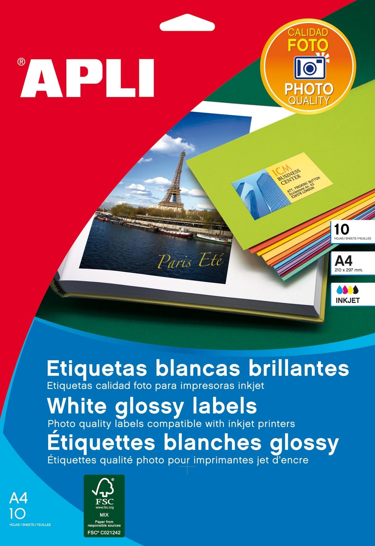PAQUETE 10 HOJAS ETIQUETAS BLANCAS CALIDAD FOTO 199,6 X 289,1 MM APLI 02926