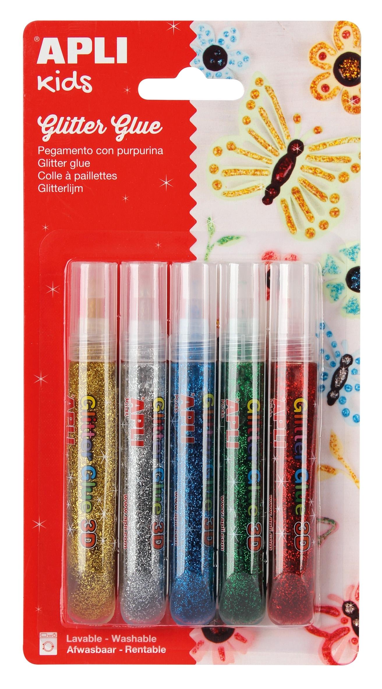 BLISTER 5 BOTES COLORES SURTIDOS PEGAMENTO CON PURPURINA GLITTER GLUE APLI 13223
