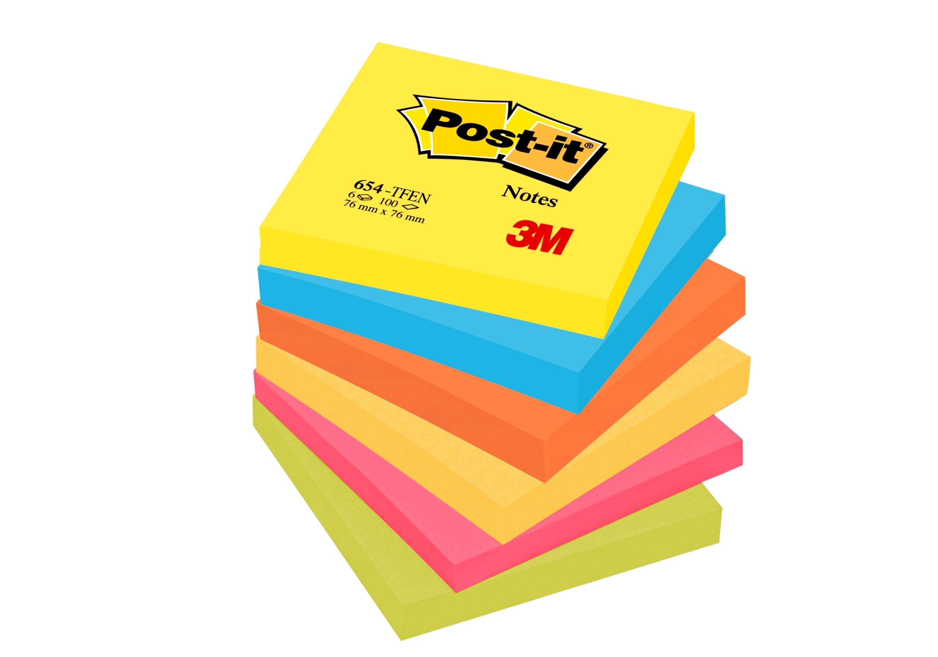 BLOC DE NOTAS ADHESIVAS 76X76 MM POST-IT 654-TFEN PACK DE 6 COLORES SURTIDOS ENERGIA