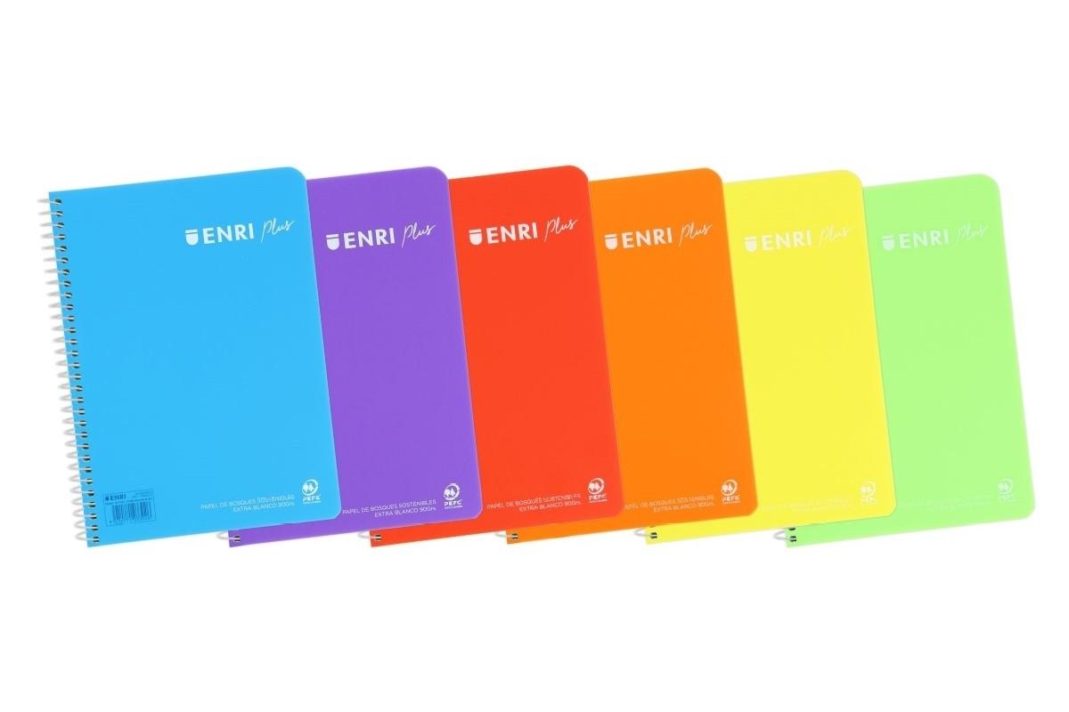 CUADERNO ESPIRAL ENRI PLUS TAPA PLASTICO CUARTO 80 H 90 G. CUADRICULA 4 MM COLORES SURTIDOS