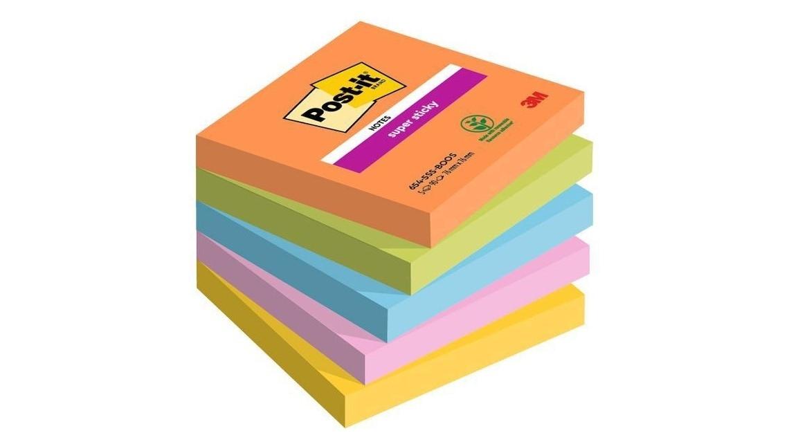 BLOC DE NOTAS ADHESIVAS 76X76 MM POST-IT 654 SUPER STICKY PACK DE 5 COLORES BOOST SURTIDOS
