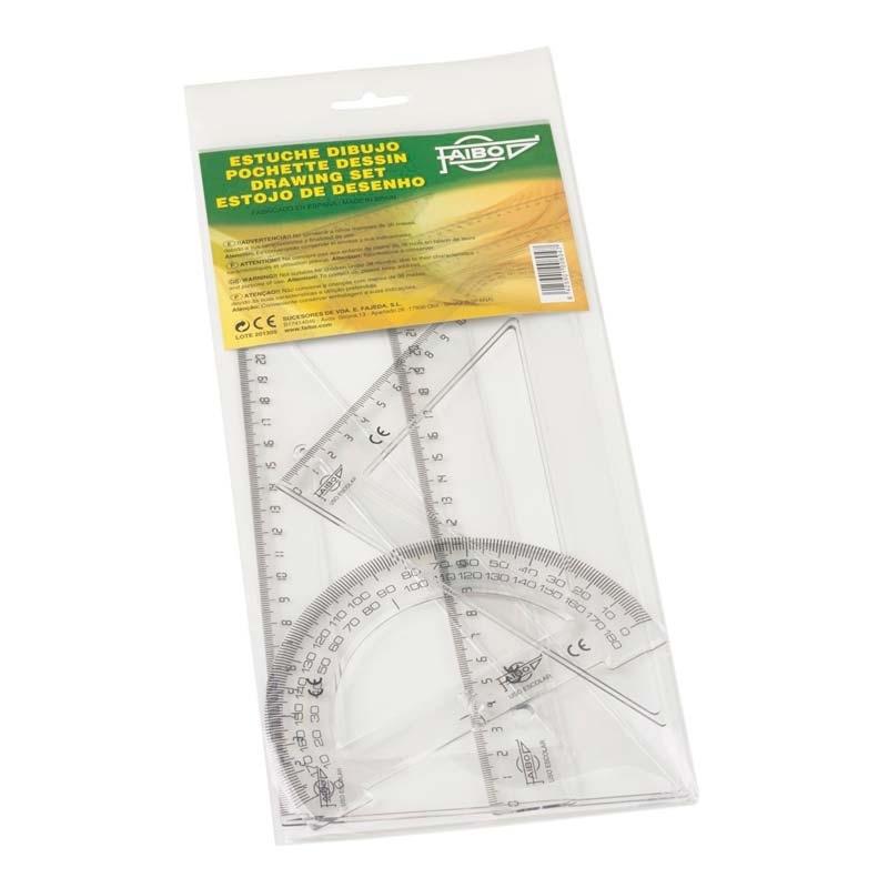 JUEGO ESCUADRA Y CARTABON 25CM REGLA 30CM Y SEMICIRCULO 15CM FAIBO
