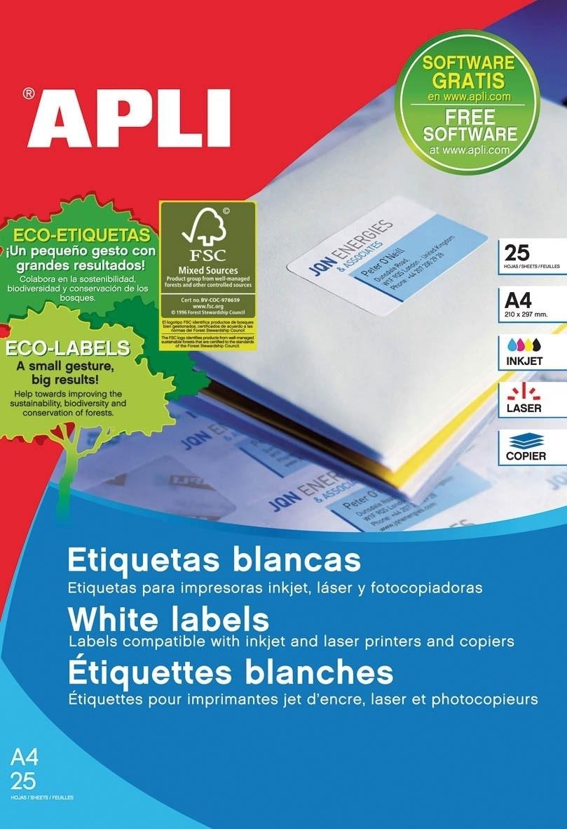PAQUETE 25 HOJAS ETIQUETAS BLANCAS 38,0 X 21,2 APLI RF. 01209