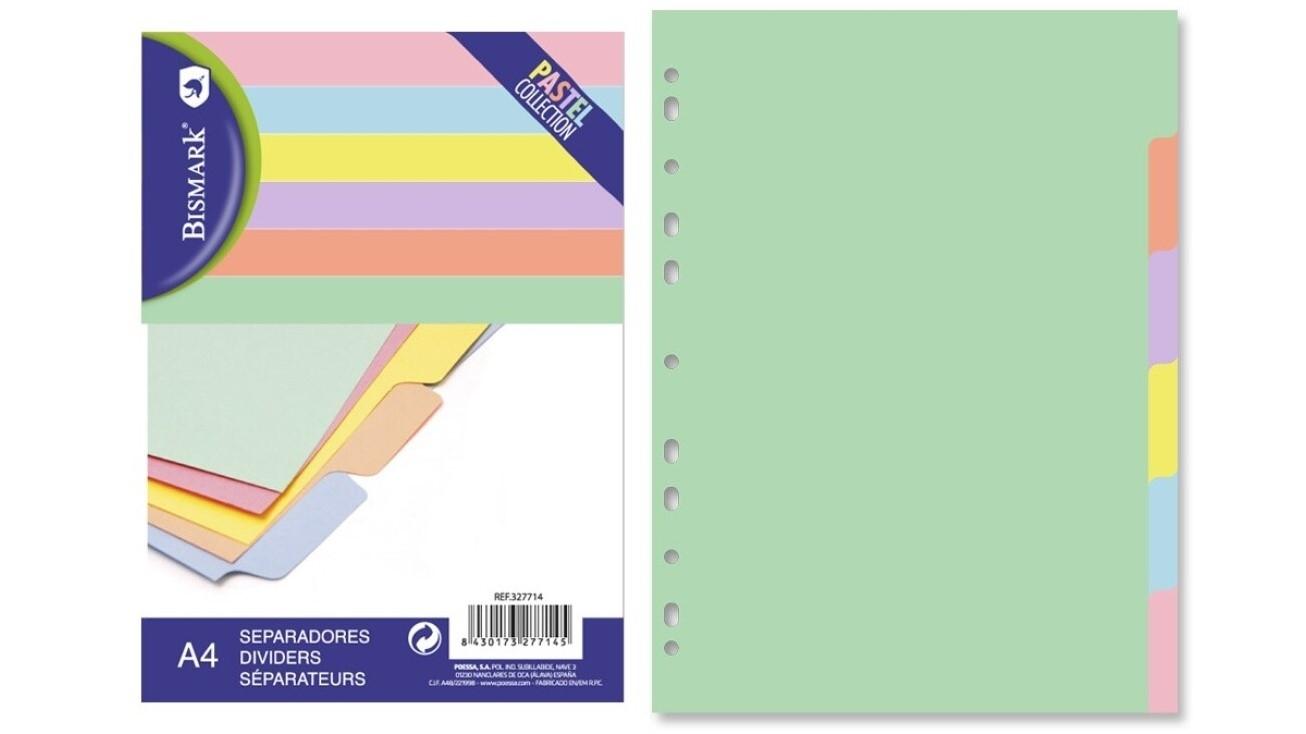 JUEGO SEPARADORES DIN A4 CARTON 6 COLORES PASTEL BISMARK