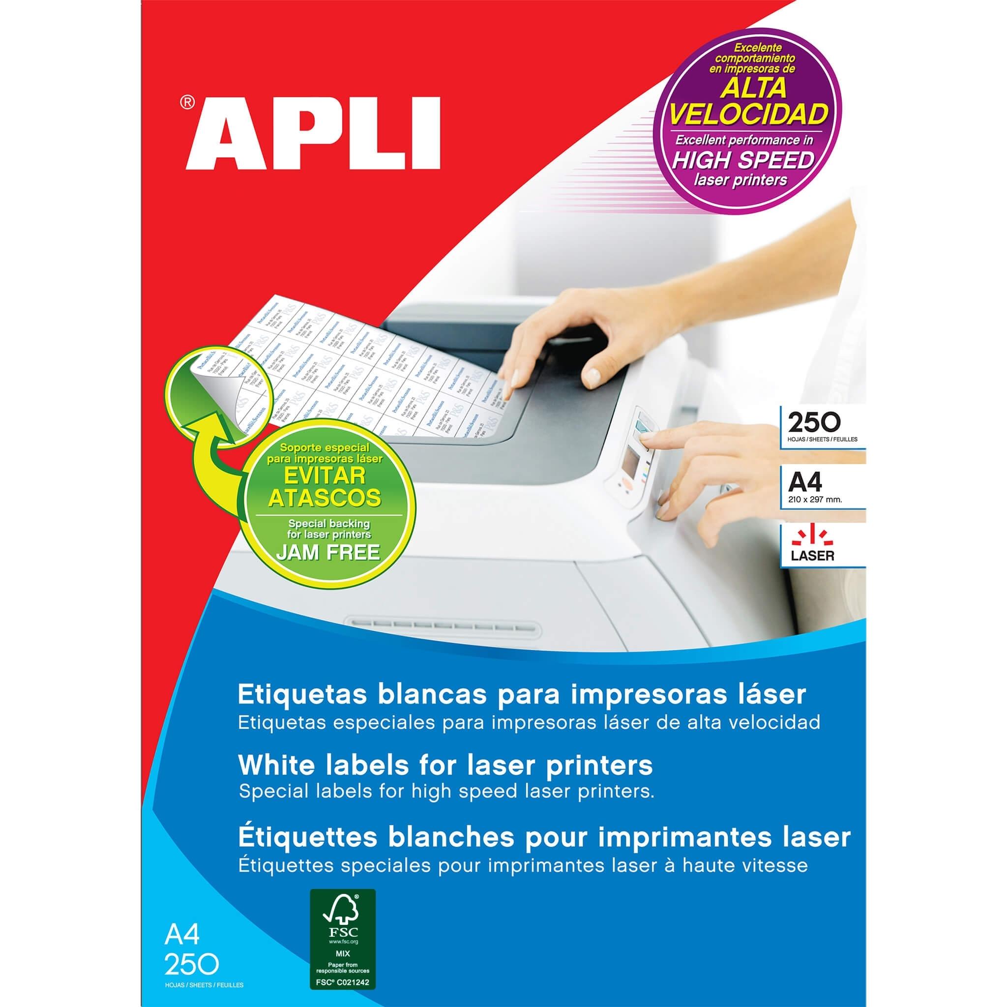 CAJA 250 HOJAS ETIQUETAS BLANCAS PERMANENTES PARA LASER 52,5 X 29,7 MM APLI RF 02518