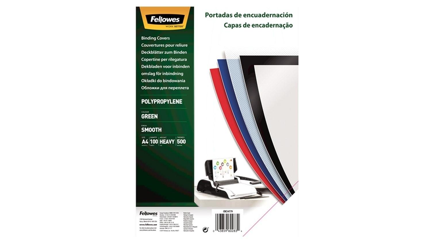 PAQUETE 100 TAPAS ENCUADERNAR PLASTICO DURO 0.5 VERDE A-4 FELLOWES