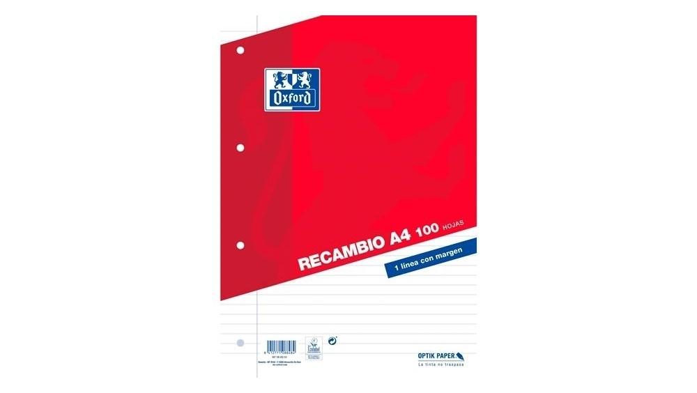 RECAMBIO OXFORD DIN A4 100 HOJAS 90 GR RAYADO HORIZONTAL CON MARGEN