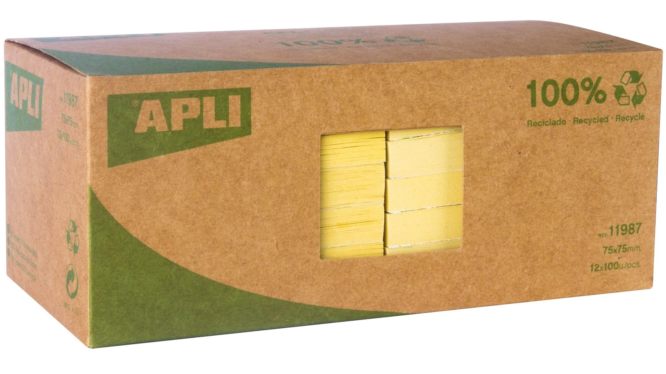 PACK 12 TACOS NOTAS ADHESIVAS 75X75 PAPEL RECICLADO COLOR AMARILLO APLI 11987