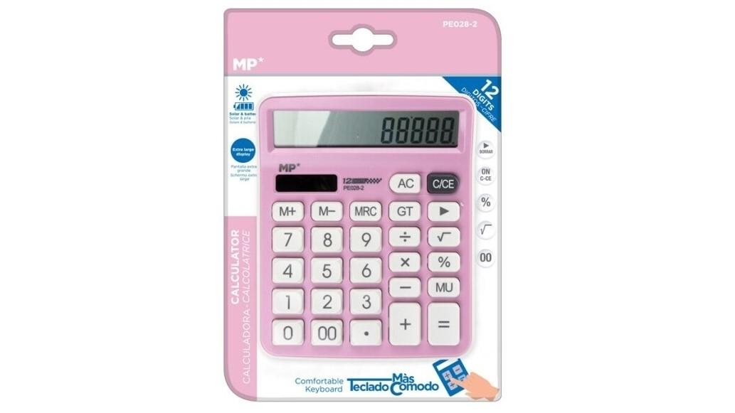 CALCULADORA SOBREMESA MP PE028-2 SOLAR Y PILAS 12 DIGITOS COLOR ROSA PASTEL