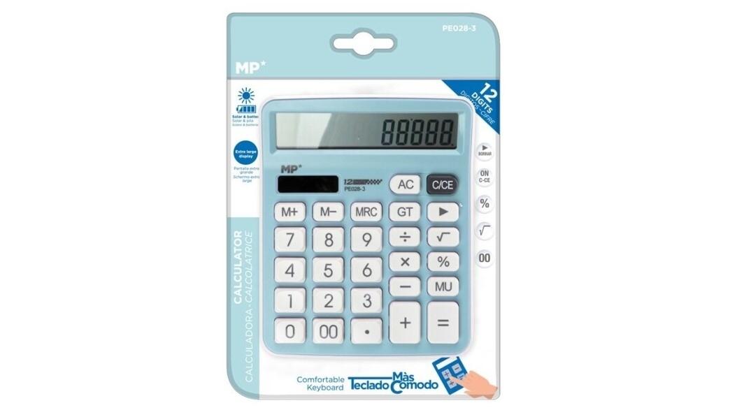 CALCULADORA SOBREMESA MP PE028-3 SOLAR Y PILAS 12 DIGITOS COLOR AZUL PASTEL