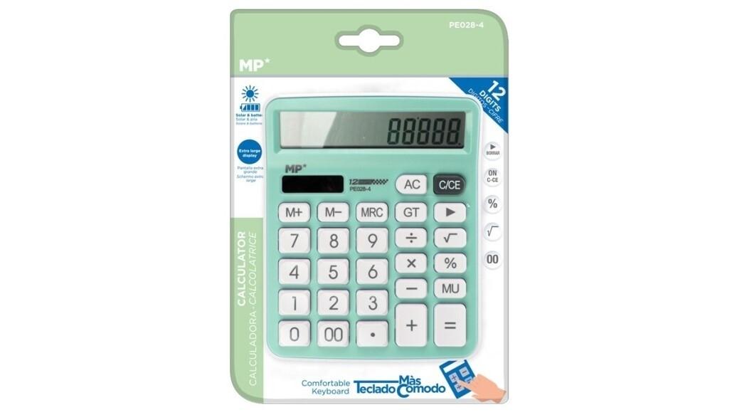 CALCULADORA SOBREMESA MP PE028-4 SOLAR Y PILAS 12 DIGITOS COLOR VERDE PASTEL
