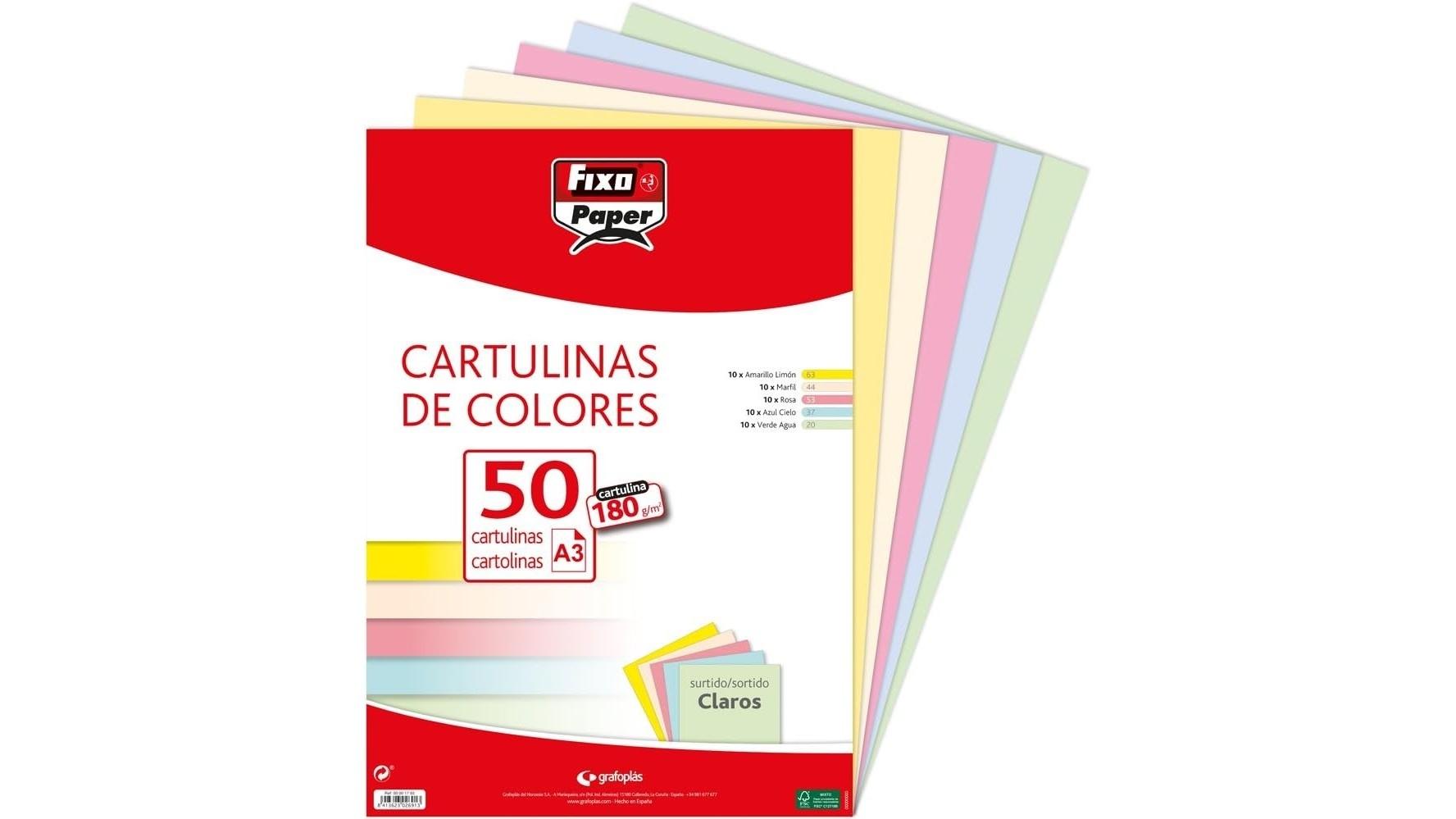 PAQUETE 50 CARTULINAS A3 CON 5 COLORES CLAROS SURTIDOS 180G/M2 FIXOPAPER GRAFOPLAS